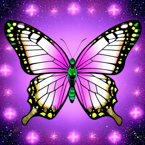 purple butterfly with sparkling glitter wings and wings on a pink background, butterfly, purple sparkles, butterfly lighting, pink and purple, glowing butterflies, purple and pink, magenta lighting. fantasy, glowing purple, with beautiful wings, glittering...