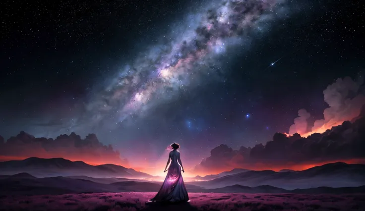 A figure walking into the distance, slowly merging with the cosmos. Their body begins to dissolve into the starry sky, turning into particles of light that blend seamlessly with the vibrant, swirling galaxies. The sky is filled with vivid colors—bright blu...