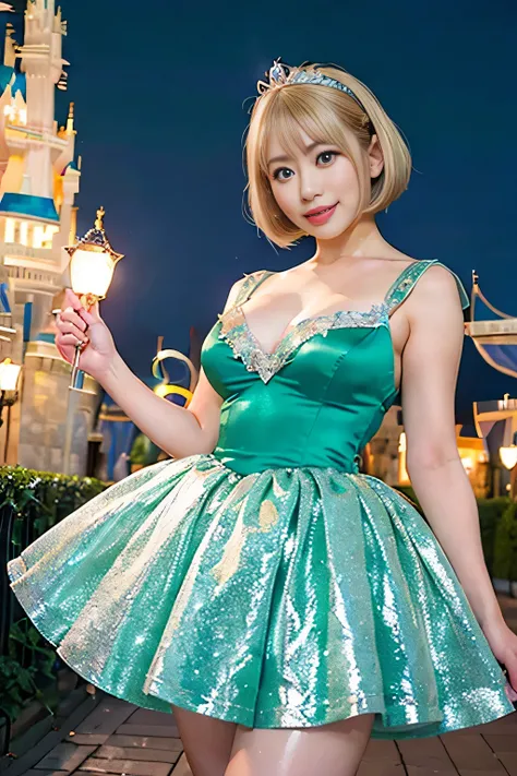 (Best Quality,8k,High resolution,Realistic photos:1.2),(pretty girl,One Girls,Gravure idol),Teen,Bobcut,Blonde,White skin、Small waist,Shiny skin,(Disney Princess Dresses、green:1.3),(At night,Ball:1.2),View your audience