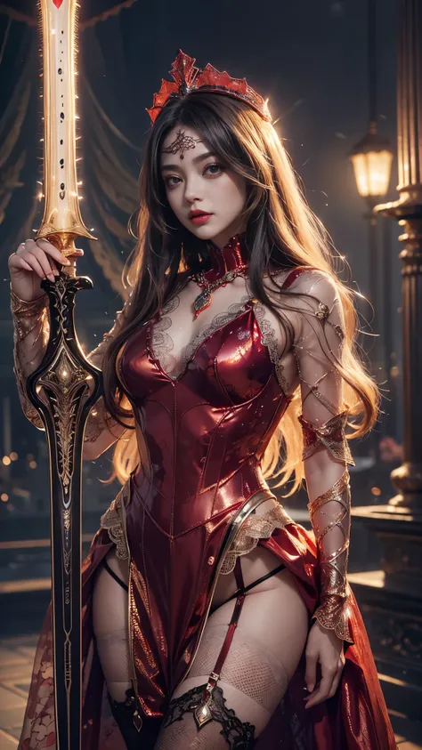 Top quality, masterpiece, ultra high definition, Original photo, 1 Girl, ((mesh sardine)), cinematic lighting, very long hair, detailed eyes, small breasts, wind, necklace, piercing, ((victor mesh costume)), ((mesh costume:1.4)), ((red costume)), ((metalli...