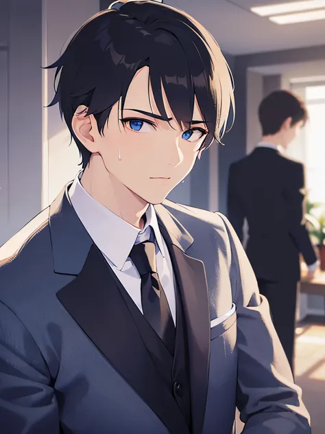 upper body、 masterpiece、Best Quality、(2 male:1.5) and (Black short hair) and (blue eyes), (Wearing a suit:1.5) and (Blue tie)、surprised, (sweat:1.3), Standing、The background is an office interior、alone