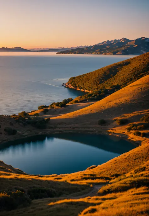 A serene of a sunset, big lake, small savannah mountain, malibu vibes, nostalgic photo, highly detailed, high quality, 8k, minimal, nice feel