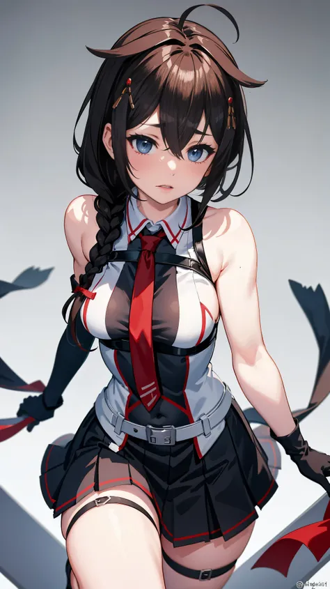 Shigure Kai 3 KanColle Sleeveless Black fingerless gloves Black skirt Braids 8K high resolution Highly detailed eyes Highly detailed face、Very detailed body、Highly detailed skin