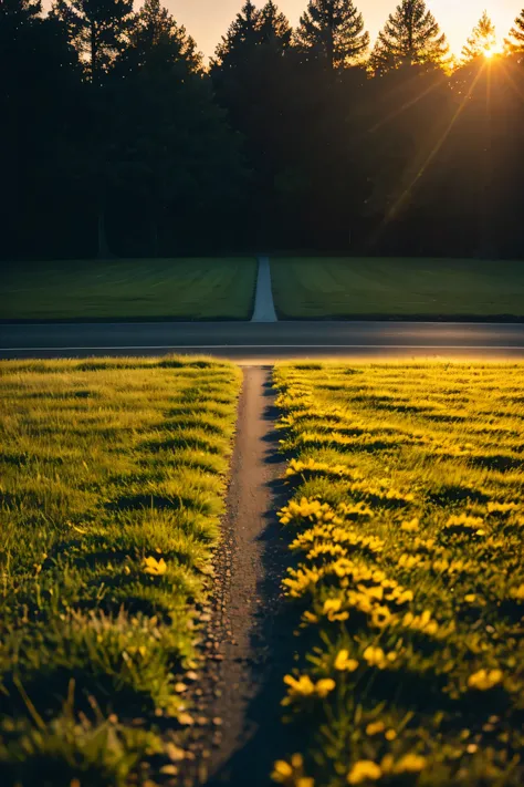 Road with clear background, endless grass next to road, full sun, (high detail RAW photo), (Masterpiece, realistic, Heavy shadow, dramatic and film lighting, key light, fill light), clear focus, film texture, texture, film flower, depth of field