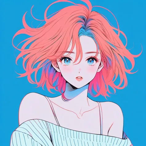 Illustrator, anime , Realistic ,sketch , 1girl in, ,lip, order, Blue gradient background, Neon Hair,textured crop, Canadian, (masutepiece,Best Quality)、Upper Body