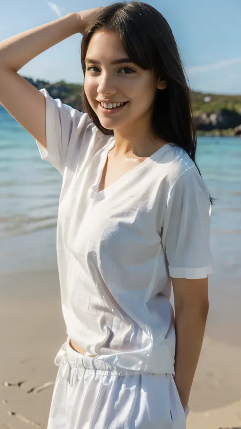 masterpiece, Ultra High Quality,16k, cinematic lighting, intricate composition, face focus, 1girl,araffe woman in white shirt posing on beach with blue water, wearing white v - neck top, full length shot, clothed in white shirt, dressed in a white t shirt,...