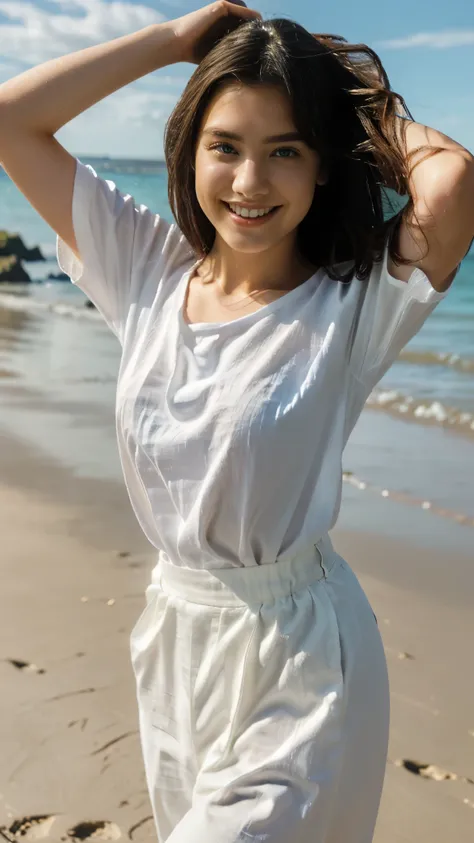 masterpiece, Ultra High Quality,16k, cinematic lighting, intricate composition, face focus, 1girl,araffe woman in white shirt posing on beach with blue water, wearing white v - neck top, full length shot, clothed in white shirt, dressed in a white t shirt,...