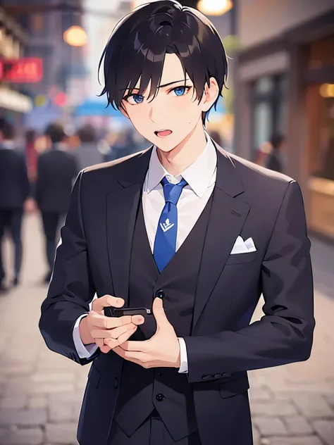 hand up, Biologically Correct Five Fingers、Close-up of your face、 masterpiece、Best Quality、(2 male:1.5) and (Black short hair) and (blue eyes), (Wearing a suit:1.5) and (Blue tie)、surprised, (sweat:1.3), open mouth, Standing、The background is a shopping st...