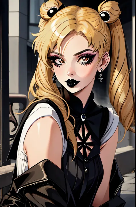 gothic sailor moon, goth, black lips, black lipstick, mascara, eyeliner, blonde hair, outdoors, long pigtails