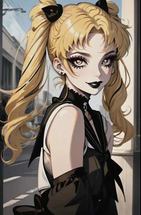 gothic sailor moon, goth, black lips, black lipstick, mascara, eyeliner, blonde hair, outdoors, long pigtails, grin