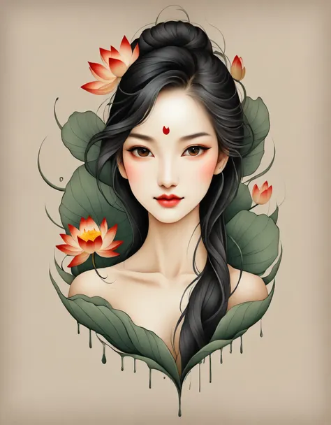 modern minimalist art，（close up of a woman with a lotus tattoo on her neck）,this woman has a delicate and charming face，long bla...