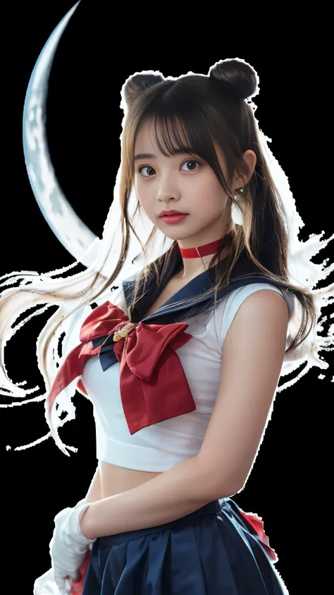 masterpiece、high quality、High resolution、Realistic、professional lighting、Japanese、woman、young、White skin、slender、Sailor Moon, Usagi Tsukino, Sailor Warrior Uniforms, Red choker,Blue Collar, Red ribbon on chest,White gloves,red ribbon on waist,Very short sk...