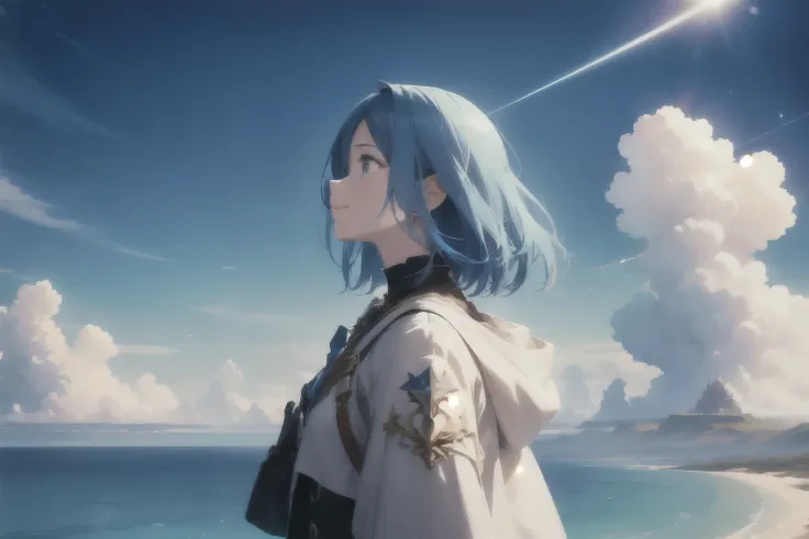 absurdres, highres, (official art, beautiful and aesthetic:1.2), close view,
shining sky, vast world, girl, gazing, awe-inspiring expression, distant horizon, clouds, high hill, natural beauty, inspiration, light effects,　smile, blue hair