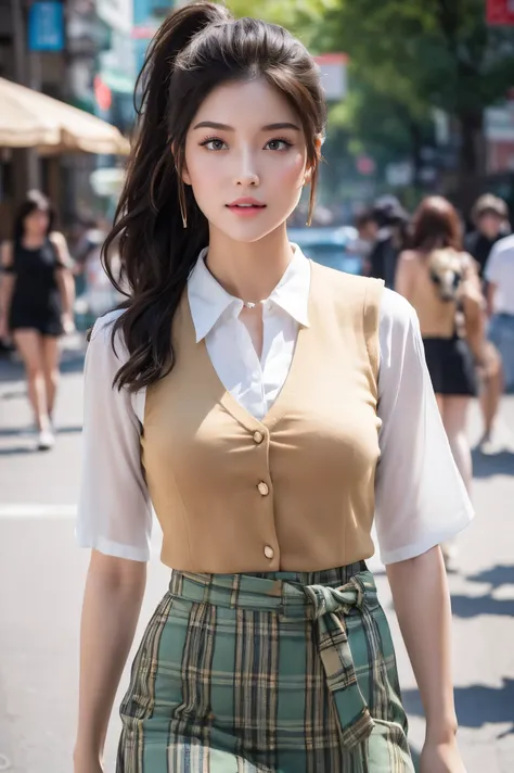 score_9, score8_up, (masterpiece:1.5), (hyper realistic:1.5), (uhd:1.3), RAW photo, intricately detailed, A stunning beautiful girl, 18yo,  steps out onto the vibrant streets, with her long jet black hair flowing behind her tied in a ponytail. Her fine fac...