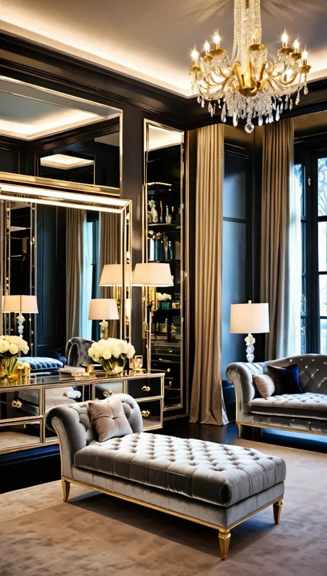 Design a glamorous Hollywood-style dressing room with mirrored furniture, a velvet chaise lounge, and a crystal chandelier. The room should exude luxury, with soft lighting and gold accents throughout. Capture the scene in ultra-high-definition with profes...