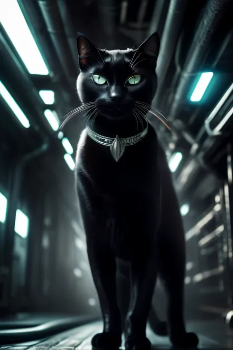 a ((black cat) made out of metal) is walking the duct pipe, looks aggressive, cyborg, cyberpunk style, ((metalic details)), hdr, ((intricate details, hyperdetailed)), full body portrait