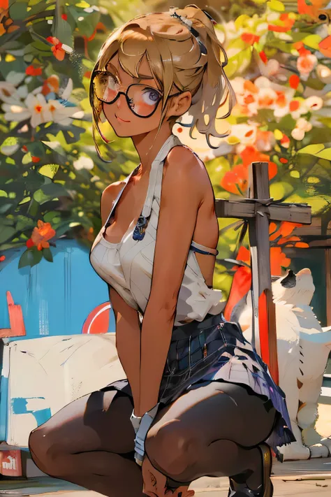 glow，masterpiece, beautiful, 4K, best quality, oil painting portrait style， cute face, big breasts,  blonde，high ponytail，pointed ears，round frame glasses， pantyhose, Plaid skirt，Star decoration，open legs，do the splits