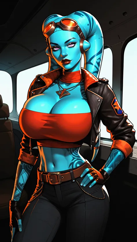 Blue Skin Twilek, pilot, huge breasts, sly purple eyes, dark lips, sharp facial features, gorgeous, bursting breasts, pushed-up cleavage, black and dark grey cropped jacket, red tube top, black cargo pants, visible bra, rolled-up sleeves, utility belt, gog...