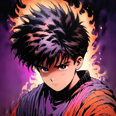 1 boy,dynamic character with spiky hair,black and orange outfit,holding flames in both hands,face obscured by a gray square,vibrant background with shades of pink and purple,blue flame-like element swirling behind the character,(best quality,4k,8k,highres,...