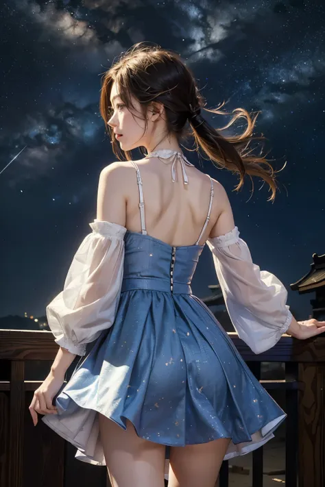 masterpiece, Best Quality, One girl, Alone, Guizhong City_Genshin Impact, default_dress, From behind, Starry sky print, The sleeves reach up to the wrists