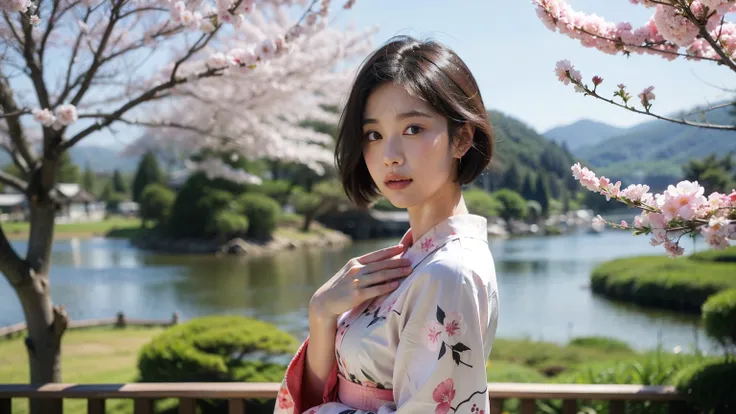 "A beautiful young Thai woman with fair skin and an oval face, aged 35-40, with short hair, wearing a pink Japanese kimono with a sakura flower pattern. She is standing and singing a sorrowful song. The background shows a stunning scenic view of Japan. The...