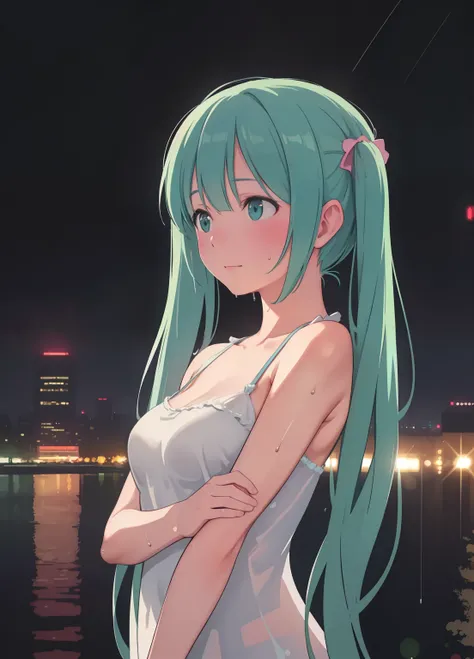 (masterpiece、Best Quality、Best Quality、Official Art、Beautiful and beautiful:1.2)、(One person:1.3)Hatsune Miku、Twin tails,Beautiful breasts,Mix 4,(8k, RAW Photos, Best Quality, Master:1.2), (Realistic, photo-Realistic:1.37),One person女の子,cute,Cityscape,nigh...