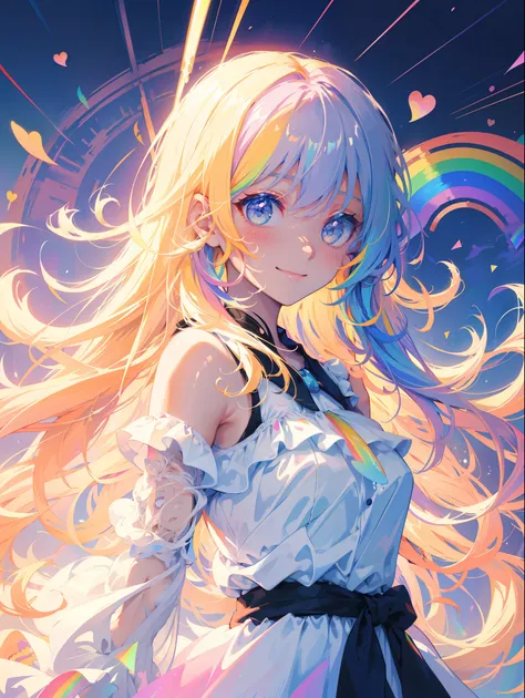 cartoon，masterpiece, 1 Girl, Smile, light gradient hair(rainbow)，cloud(Colorful background), long hair, cute face，colorful liquids(pigment)，pastel tones，( Medium breasts :1.2), dress, Ultra-detailed face, Delicate eyes