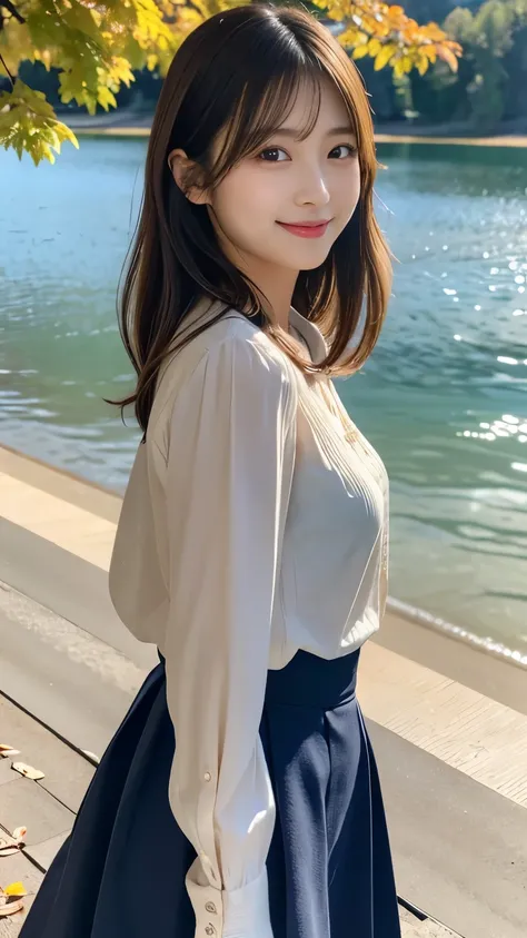 highres, ultra detailed, photorealistic, 1 beautiful japanese girl, highly detailed beautiful face, medium hair, light smile, blanched-almond colored blouse, deep-skyblue flared skirt, walking, at the lake, autumn , soft lighting