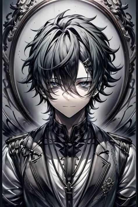 (masterpiece, best quality, perfect face, expressive eyes), 1boy, (male), medium black hair, dark green eyes, dark green gradien...