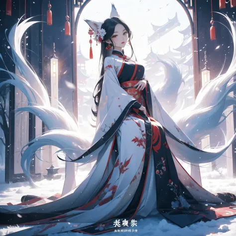 brush brush，asian woman，long snow white hair，Full body in the mirror，Big fox ears，Fox tail on body，flowing hair details，Gorgeous Chinese style accessories，Illustration composition，A nine-tailed white fox in the background，fantastic falling snow，There are a...