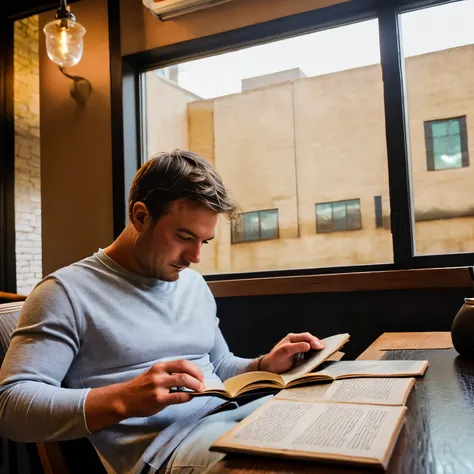 ninjatux is reading a book in a cozy coffee shop, wearing casual clothes, candid photography style, relaxed mood, lighting, natu...