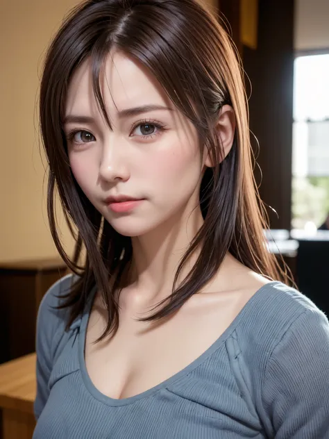 natta, Raw photography, (((Very beautiful portrait))), ((glistning skin)), 1girl in, Sexy 2 girl, Cafe Clerk、((Sauvages natural brown hair)), Gentle smile staring at the camera, ((​masterpiece, top-quality, ultra-detailliert, ciinematic light, intricate de...