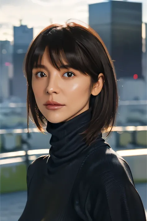 best quality, lifelike, 8k, high resolution, 1 girl, miss, (Toothed skin), (portrait:0.6), ((Cityscape background:1.52)), Rich colors, ((Small round breasts, turtleneck sweater:1.5)), looking directly at the viewer:1.8, (1 girl eyes looking at viewer:1.45,...