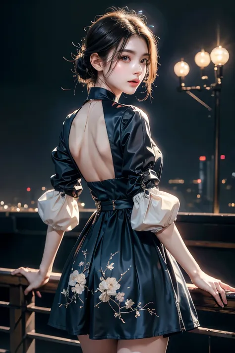 masterpiece, best quality, one girl, alone, guizhong city_genshin impact, default_dress, from behind, starry sky print, the slee...