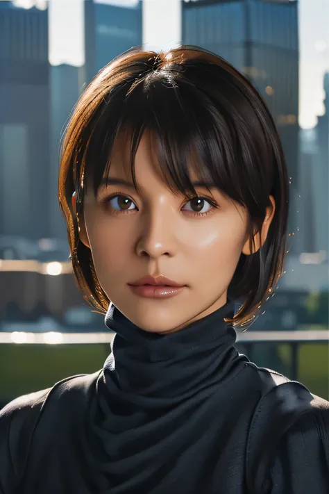 best quality, lifelike, 8k, high resolution, 1 girl, miss, (Toothed skin), (portrait:0.6), ((Cityscape background:1.52)), Rich colors, ((Small round breasts, turtleneck sweater:1.5)), looking directly at the viewer:1.8, (1 girl eyes looking at viewer:1.45,...