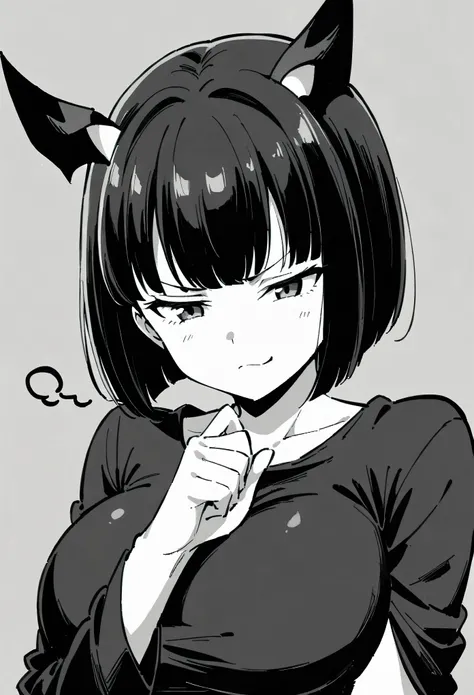 1girl, Solo, Simple background, High Details, Short Hair, Bob Cut, Bat Ears, Thinking, Anime Style, (artist: Chuuou Higashiguchi), black and white colors, monochrome, black dress, smug expression, large Breasts, POV, 