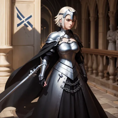 jeanne d'arc wearing a black battle dress with white cross designs