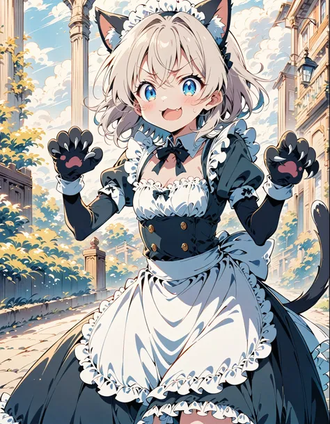 catgirl with white air standing in a cat pose, cat ears, black big cat claws as gloves. Cute, open mouth as meowing, smirk confident look, maid dress, high quality, perfect eyes, anime manga style, cute and sexy 