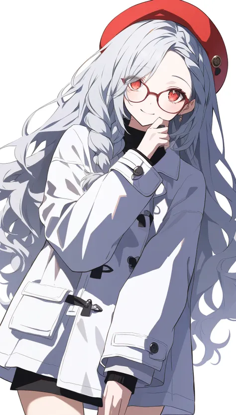 {{masterpiece}}, ,Attention to detail、((Long fluffy hair、Braided Hair))、One Woman、1、Grey Hair、smile、((Perfect red eyes)),((White background)),from front、Cowboy Shot、Contemporary Fashion、autumn、Beret、Coat、Glasses