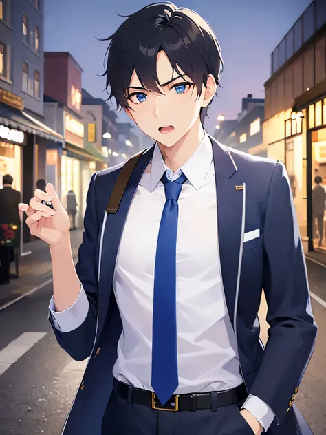 hand up, Biologically Correct Five Fingers、upper body、 masterpiece、Best Quality、(2 male:1.5) and (Black short hair) and (blue eyes), (Wearing a suit:1.5) and (Blue tie)、angry, open mouth, Standing、The background is a shopping street at night、alone