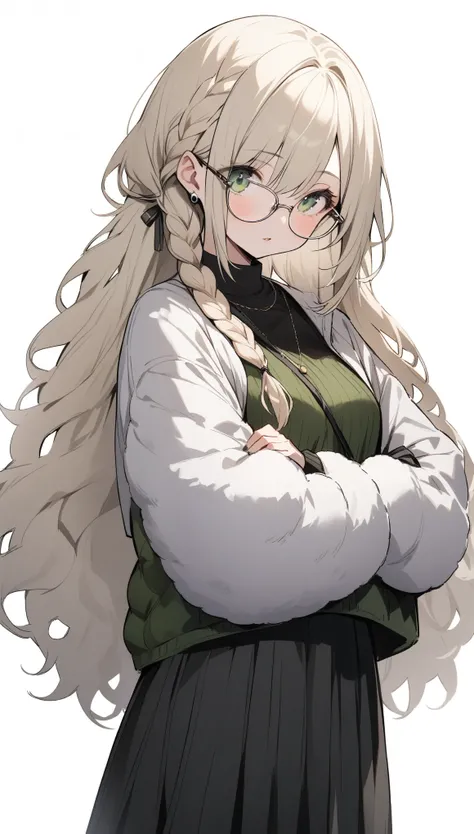 {{masterpiece}}, ,Attention to detail、((Long fluffy hair、Braided Hair))、One Woman、1、Light hair color、((Perfect green eyes)),((White background)),from front、Cowboy Shot、Contemporary Fashion、winter、Glasses