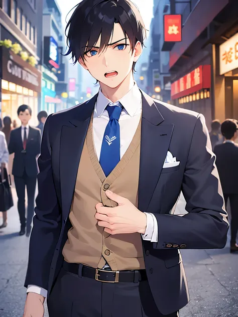 hand up, Biologically Correct Five Fingers、upper body、 masterpiece、Best Quality、(2 male:1.5) and (Black short hair) and (blue eyes), (Wearing a suit:1.5) and (Blue tie)、(angry:1.2), open mouth, Standing、The background is a shopping street at night、alone