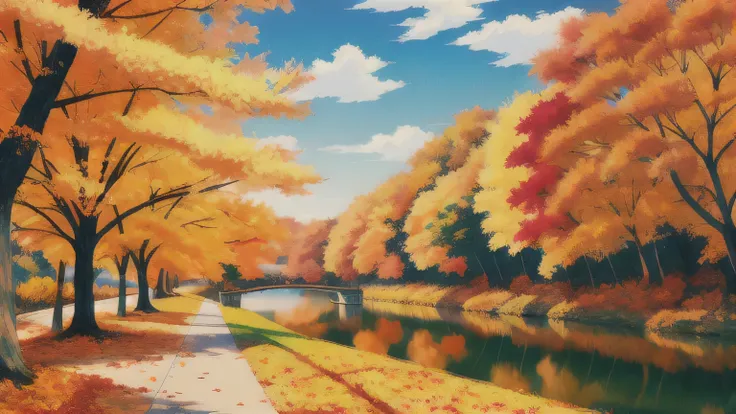 muted pastel colors ,brush strokes , Autumn , Fall , anime style , river