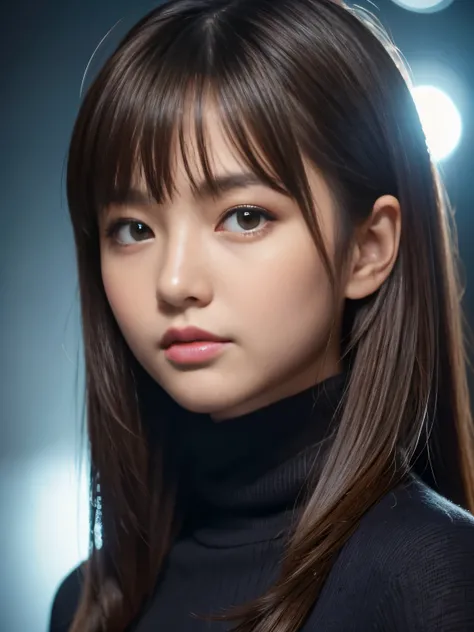 product quality, 1 girl, cowboy shot, front view, a Japanese young pretty girl, at night, wearing a black knitted turtleneck sweater, wearing mini skert, hyper cute face, glossy lips, double eyelids for both eyes, (natural makeup), shiny smooth light brown...