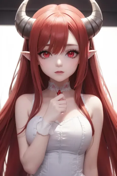 anime girl with red eyes and horns in a white dress, demon anime girl, mika kurai demon, demon girl, with horns, portrait of demon girl, made with anime painter studio, horns and red eyes, cute horns, anime moe artstyle, rias gremory, in an anime style, (a...