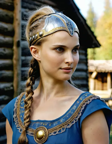 Side view, Viking girl,12 century,  looking at viewer, Sweden Young girl, beautiful female, Natalie Portman, (Highly detailed face, Ordinary eyes, Blue  eye,  gold hair, Variegated eyes, Fuller lips, little Lips, little smile), (Middle breasts, Slender Whi...