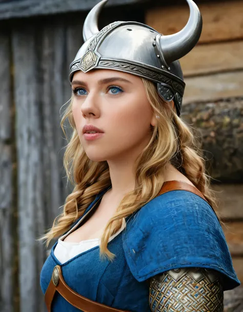 Side view, Viking girl,12 century, looking at viewer, Sweden Young girl, beautiful female, Scarlett Johansson, holding Scottish Fold, (Highly detailed face, Ordinary eyes, Blue eye, gold hair, Variegated eyes, Fuller lips, little Lips, little smile), (Midd...