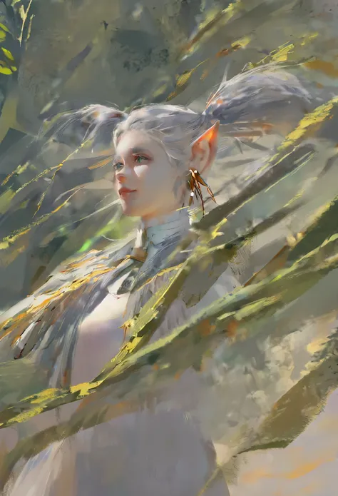 score_9, score_8_up, score_7_up, source_anime, solo, elf, white hair, grey hair, earrings, pointy ears, long hair, ponytail, green eyes, twintails, parted bangs, thick eyebrows, torso shot, Loose and expressive brushstrokes, vibrant and bold colors, textur...