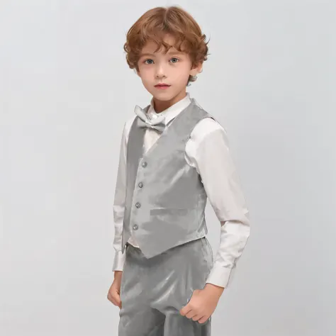 A boy in a light gray velvet suit vest, velvet horse clip, velvet suit pants,