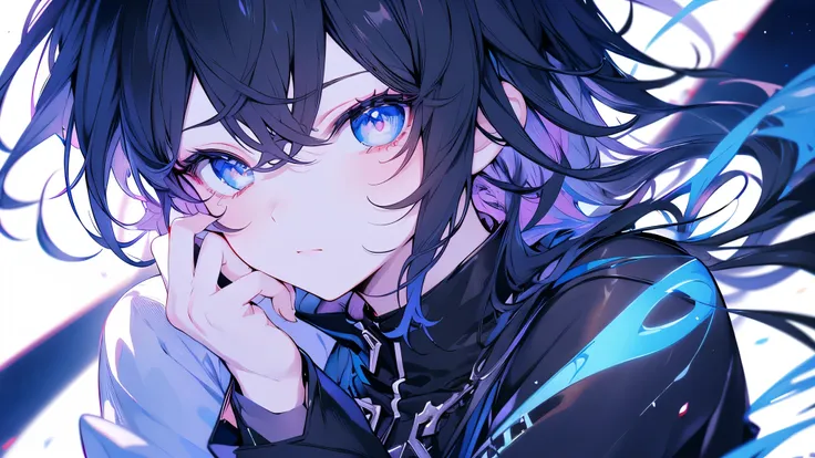 high resolution,close range、anime boy with black hair and blue eyes looking at the camera, sparkling blue eyes,slim, wear black ...